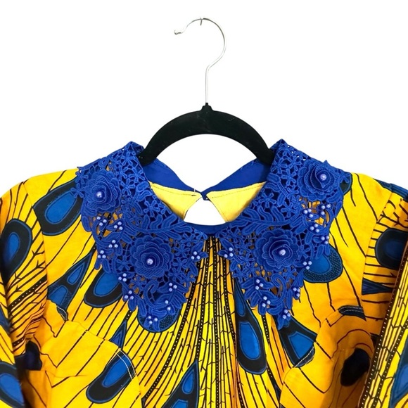 Vibrant African Print Yellow and Blue Long Sleeve Dress with Collared Beading - Picture 2 of 9